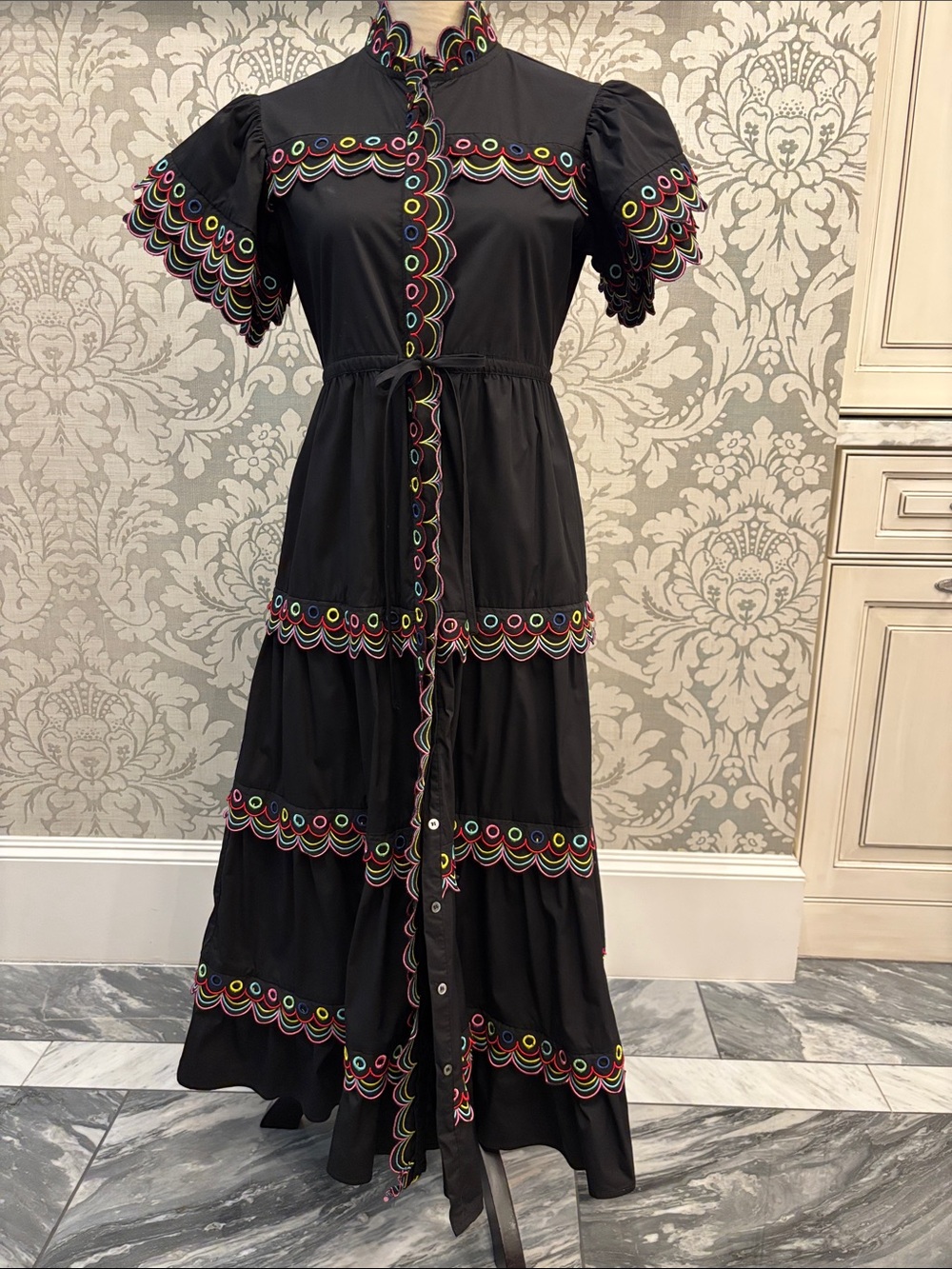 CeliaB Black Maxi Dress with Multicolor Scallop Trim